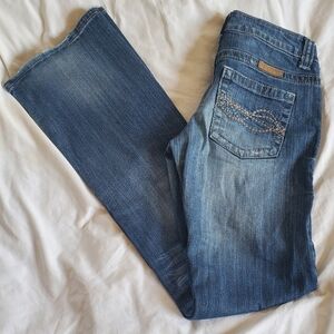 Cowgirl Tuff Distressed Dark Don't Fence Me In Blue Flare Jeans Sz 26x35